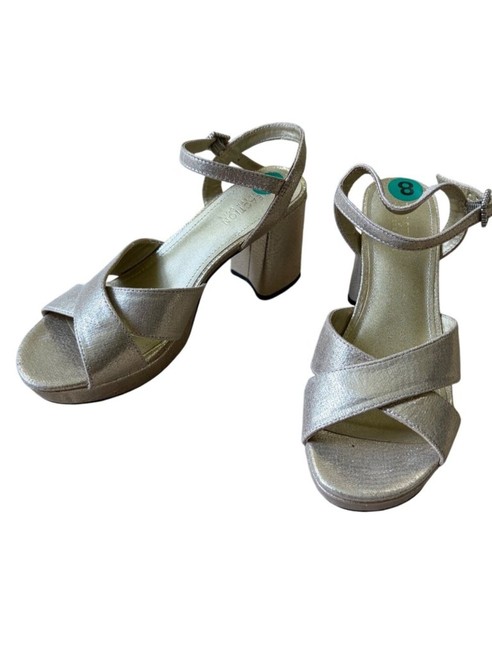 Kenneth Cole Reaction Gold Metallic Platform Block Heels Sandals 8 Rhinestone